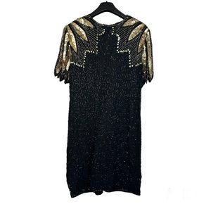 Vintage 100% Silk Sequin Beaded Gold Black 12p Midi Dress
